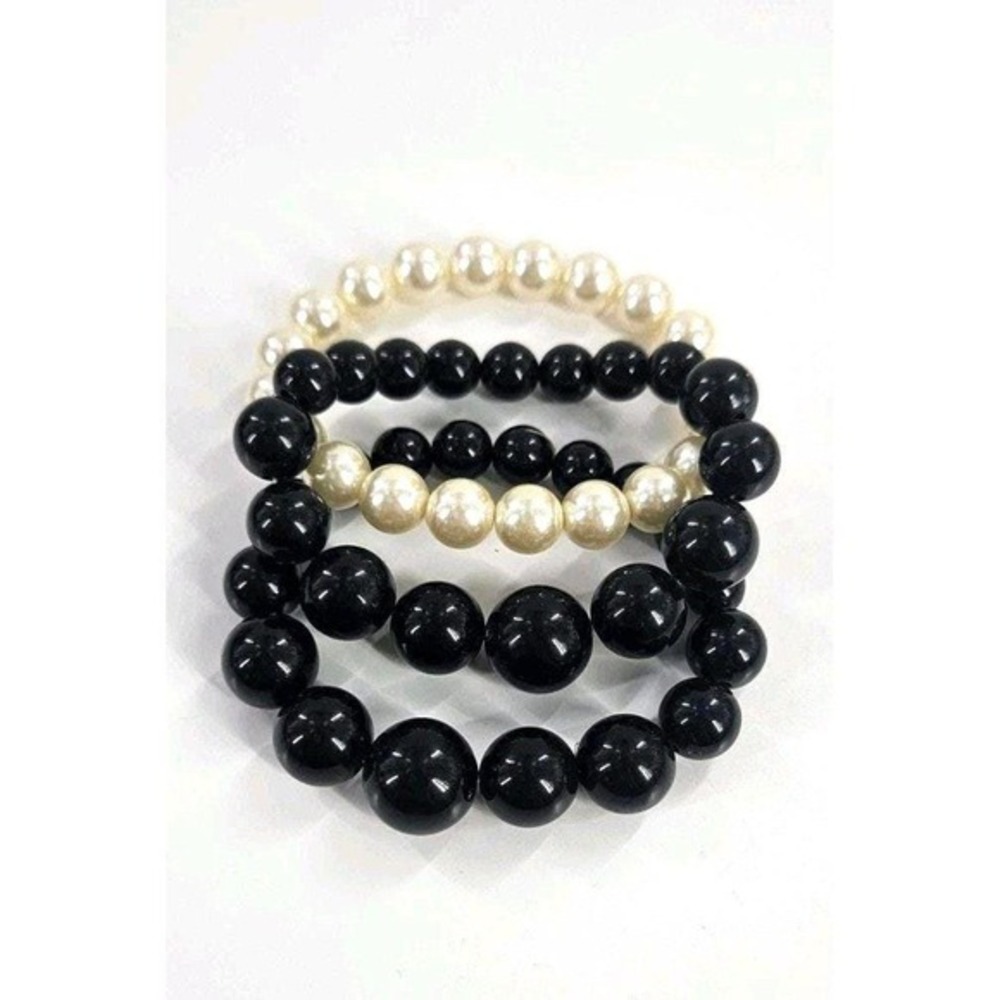 Vtg MCM 3 Graduated White Black Faux-Pearl Lucite? Bead Stretch Mod Bracelet Set